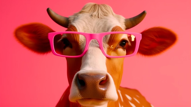 Foto vaca engraçada com óculos de sol na frente do conceito de fundo de estúdio rosa de humor e quirkiness generative ai