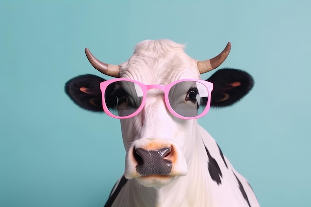 Vaca engraçada usando óculos de sol em um fundo colorido pastel Generative AI