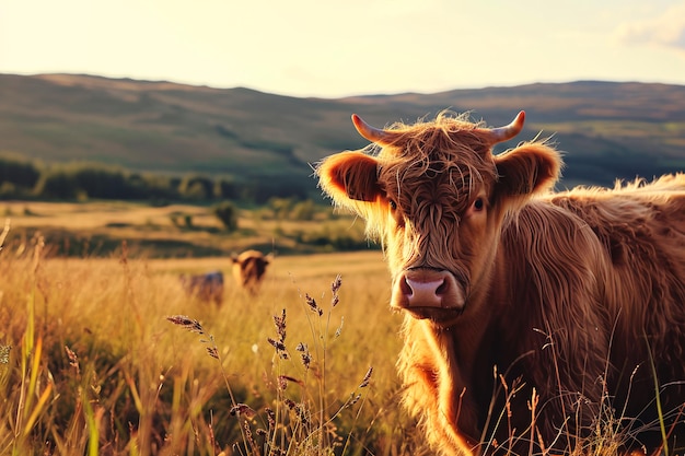 Foto una vaca esponjosa pastorea pacíficamente en un pintoresco campo abierto