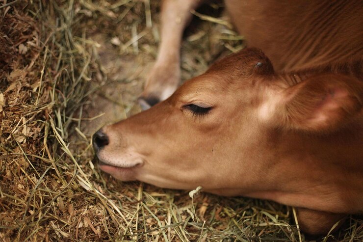 una vaca está acostada en el heno con los ojos cerrados