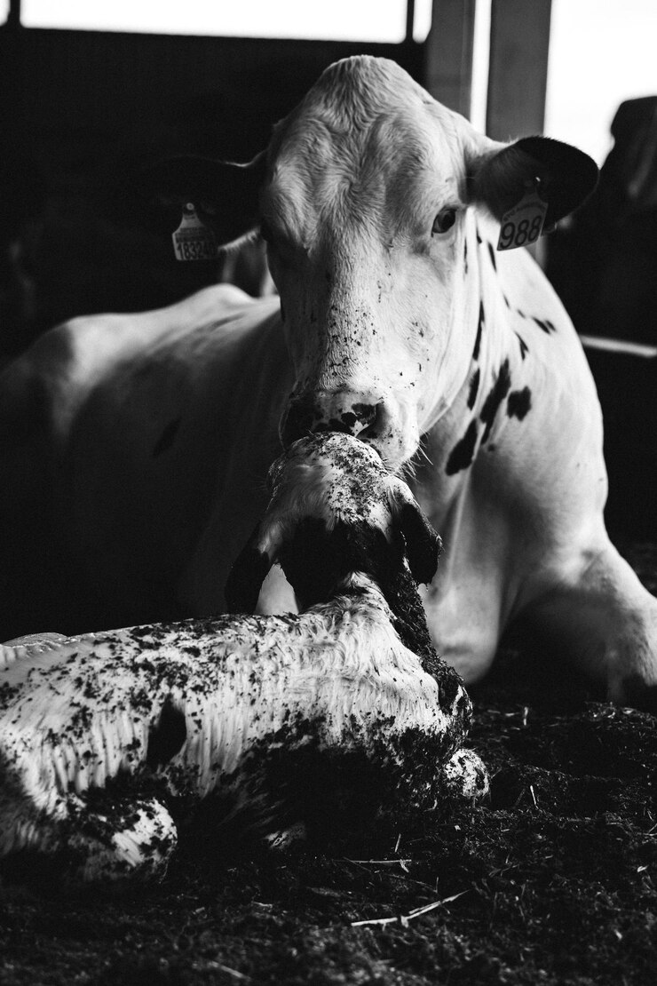 una vaca está acostada con una vaca en el suelo
