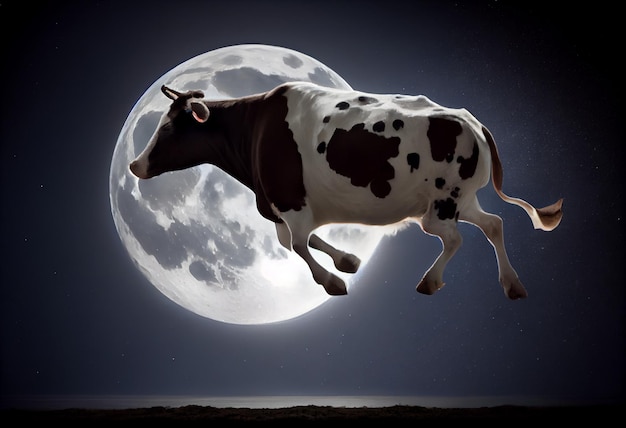 Una vaca está frente a una luna llena.