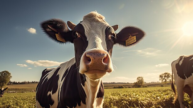 Una vaca está mirando a la vaca de la cámara en el fondo del cielo y la hierba verde