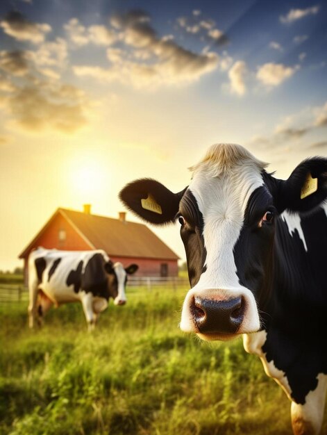 una vaca está de pie en un campo con una casa en el fondo