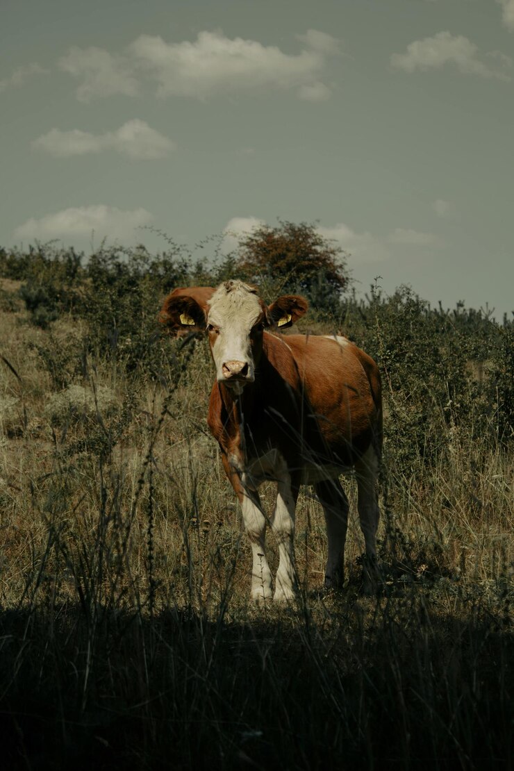 una vaca está de pie en un campo con un fondo de cielo