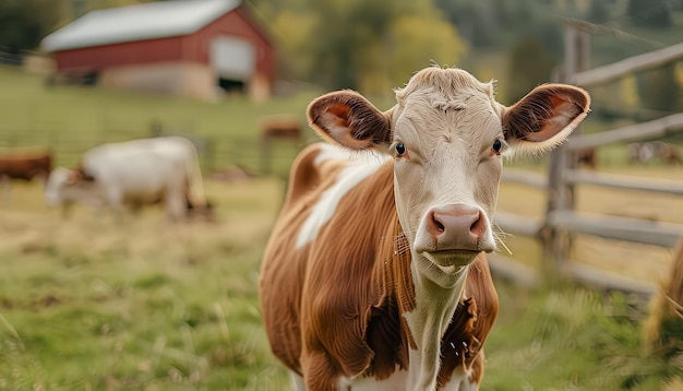 Una vaca está de pie en un campo con un granero rojo en el fondo