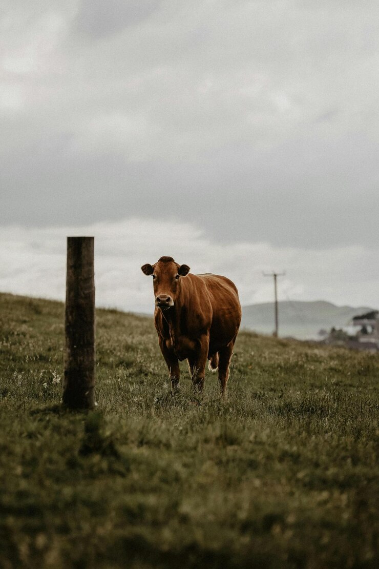 una vaca está de pie en un campo con un poste de valla en el fondo