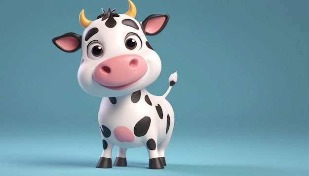 una vaca de estilo de dibujos animados con un comportamiento amistoso en un fondo azul plano La vaca tiene un whi