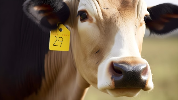 Una vaca con una etiqueta amarilla que dice 28.