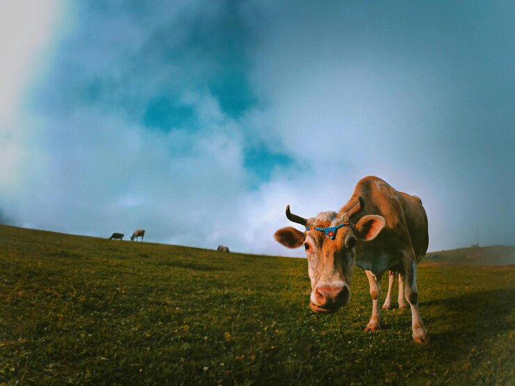 una vaca con una etiqueta azul en su oreja está pastando en un campo