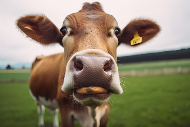 Una vaca con una etiqueta en la boca está parada en un campo.