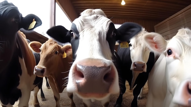 Una vaca con una etiqueta en la nariz está en un granero.