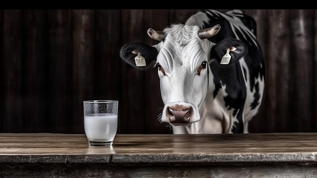 una vaca con una etiqueta en la oreja y un vaso de agua