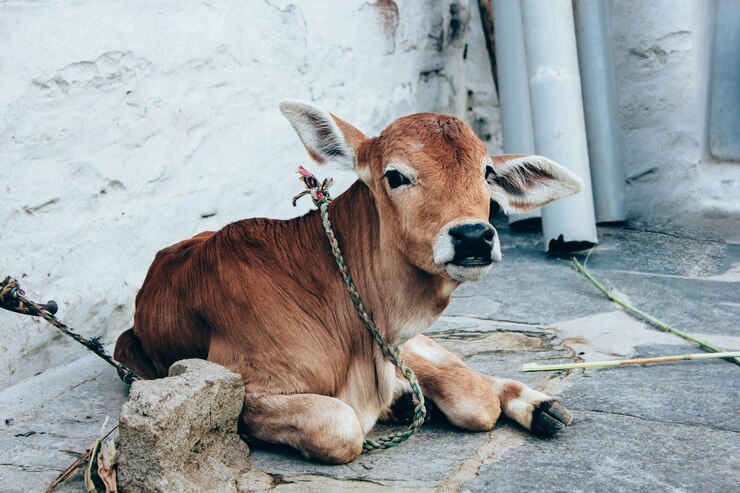 una vaca con una etiqueta en su oreja está acostada en el suelo