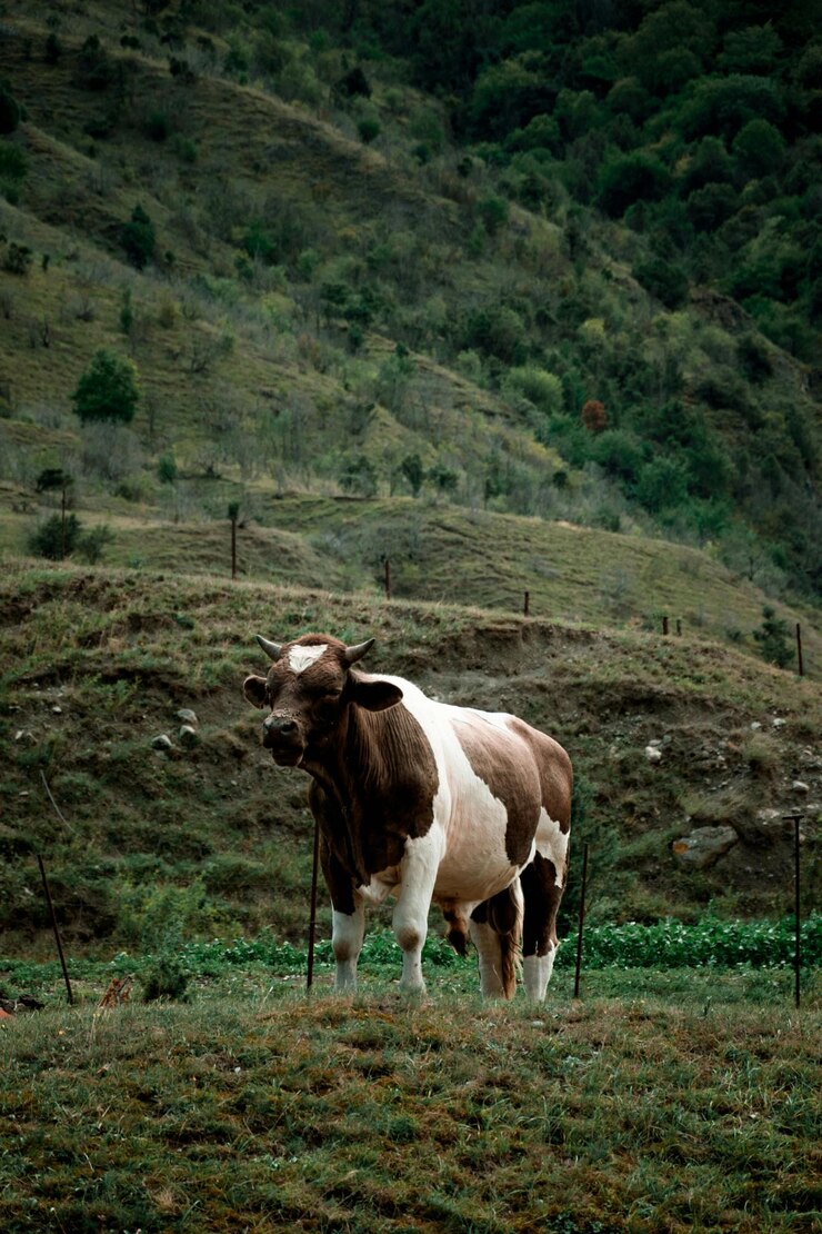 una vaca con una etiqueta en su oreja está en un campo