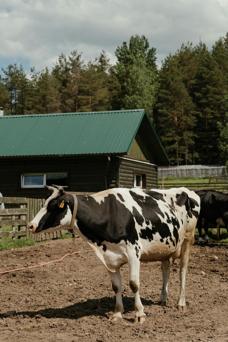 una vaca con una etiqueta en su oreja está de pie en un campo