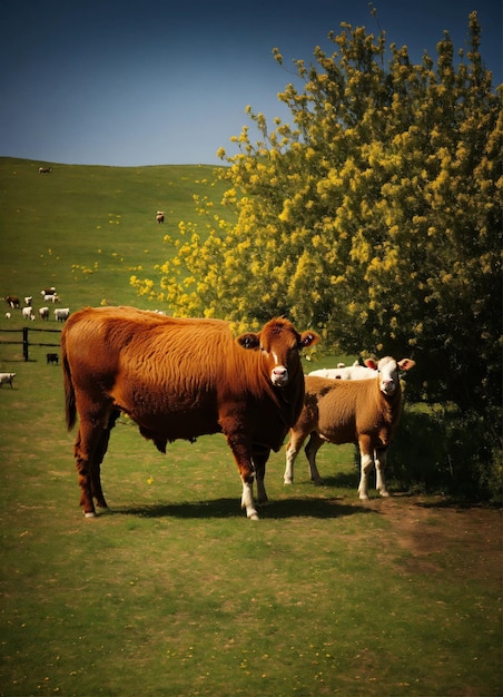 Foto una vaca con una etiqueta en su oreja está de pie en un campo con una vaca en el fondo