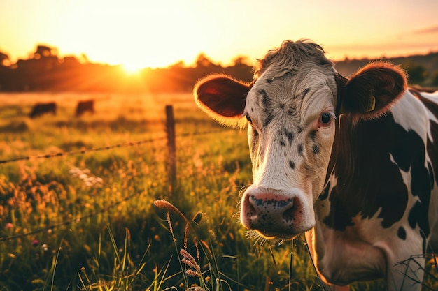 Foto una vaca feliz disfrutando de la puesta de sol en el prado