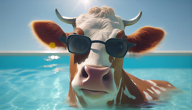 Vaca feliz divirtiéndose en las vacaciones de verano en una piscina