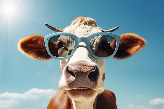 Vaca feliz usando óculos de sol, o elegante e satisfeito animal de fazenda generativo de Ai