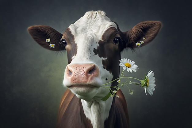 Una vaca con una flor en la boca.