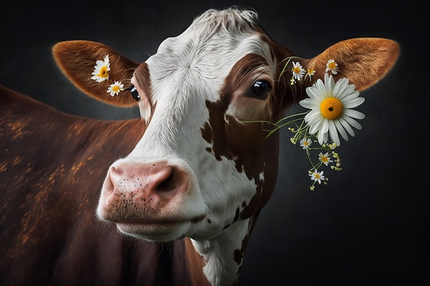 Una vaca con una flor en la nariz.