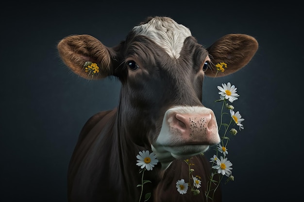 Una vaca con flores en la cara está parada frente a un fondo oscuro.