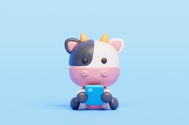 Vaca fofa 3D assistindo em smartphone Renderização em 3D de personagem de desenho animado