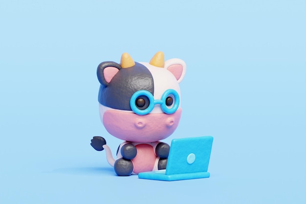 Vaca fofa 3D trabalhando no laptop Personagem animal de desenho animado renderização em 3D