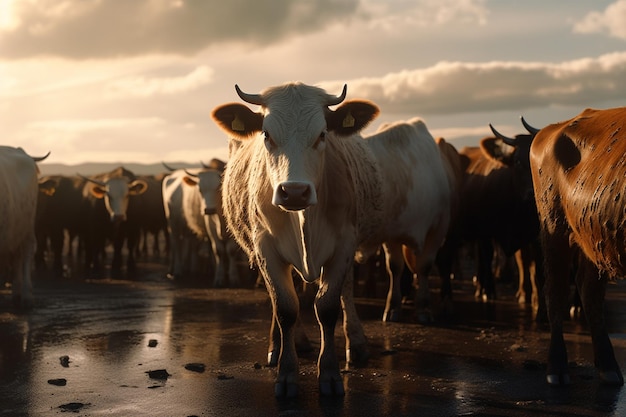 Una vaca se para frente a un cielo nublado.