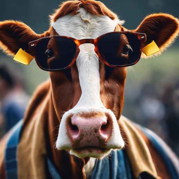 Una vaca fresca con gafas y una bufanda