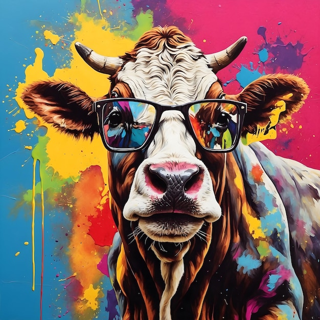 Vaca con gafas en una colorida escena salpicada de pintura