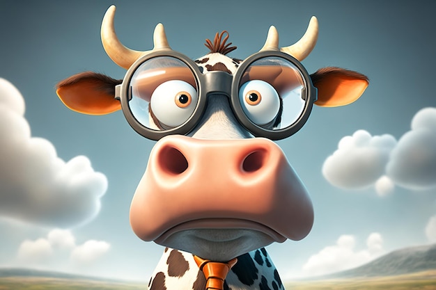 Vaca con gafas con expresión sorprendida y ojos grandes ilustración cómica de dibujos animados de ganado al aire libre ai generativo