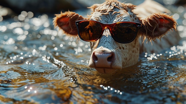 Vaca con gafas de sol en el agua