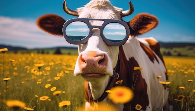 Una vaca con gafas de sol en un campo de flores.