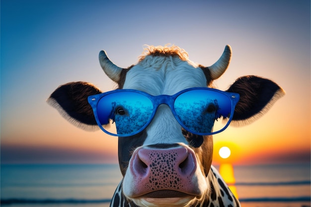 Una vaca con gafas de sol y gafas azules mira a la cámara.