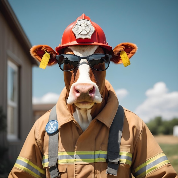 Una vaca con gafas de sol vestida como un bombero con casas en el fondo