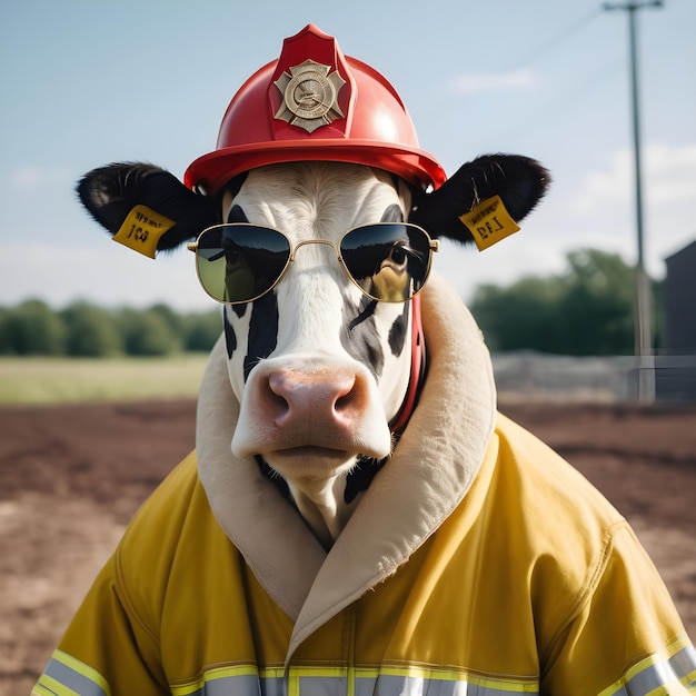 Foto una vaca con gafas de sol vestida como un bombero