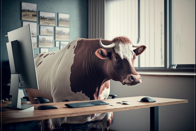 Foto una vaca gorda está sentada en la mesa de la oficina frente a una computadora.
