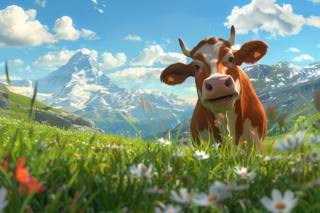 Una vaca graciosa en un prado verde mirando a una cámara con los Alpes en el fondo