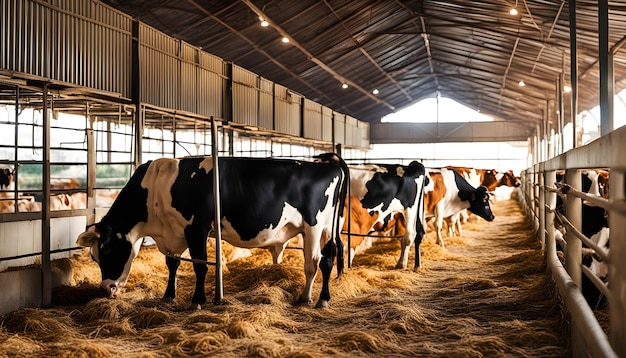 una vaca en un granero con una luz en ella