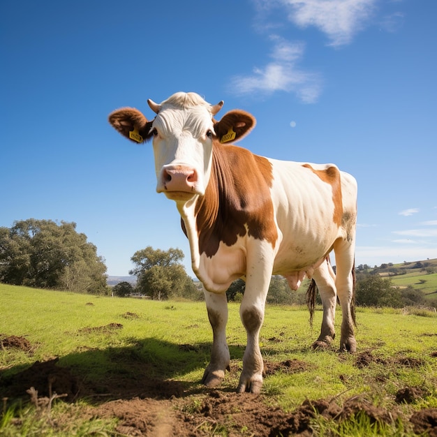Vaca Holstein de pé em um campo verde olhando para a câmera
