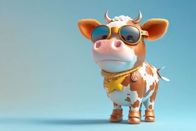 Vaca infantil divertida con gafas de sol sobre un fondo de color claro IA generativa