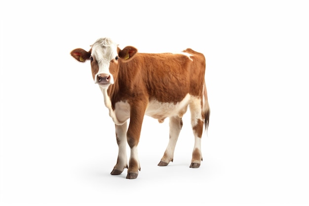 Una vaca joven marrón y blanca está aislada en un fondo blanco
