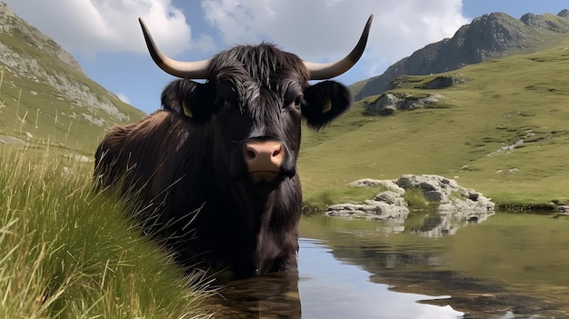 Una vaca en un lago con montañas al fondo.