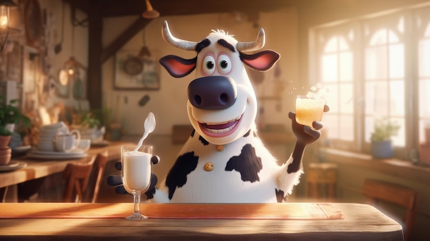 vaca con leche fresca estilo de dibujos animados de pixar