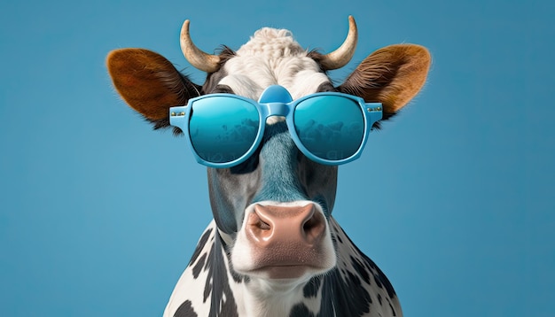 Vaca legal, um bovino caprichoso usando óculos de sol em fundo azul IA generativa