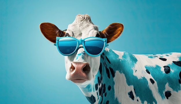 Vaca legal, um bovino caprichoso usando óculos de sol em fundo azul IA generativa