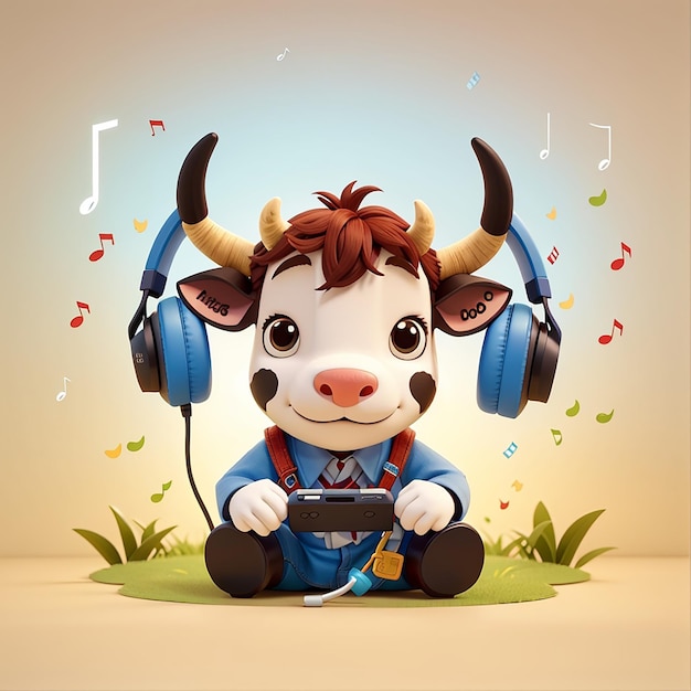 Una vaca linda escuchando música, un dibujo animado, un ícono vectorial, una ilustración, un animal, un icono musical, un concepto, un piso aislado.