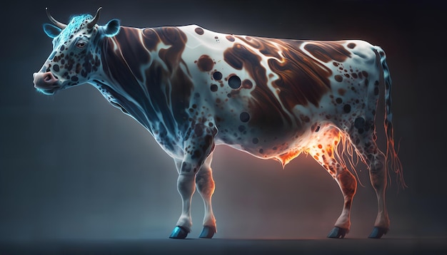 Una vaca con una mancha azul en el cuerpo.